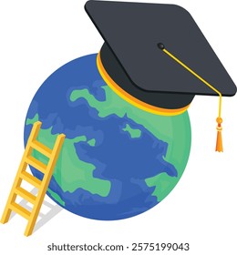 A modern and colorful vector illustration depicting a globe with a graduation cap, symbolizing global education, and a ladder representing growth and achievement.