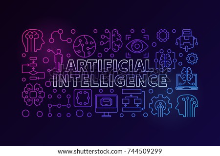 Modern colorful vector illustration made with words Artificial Intelligence and technology icons in thin line style on dark background