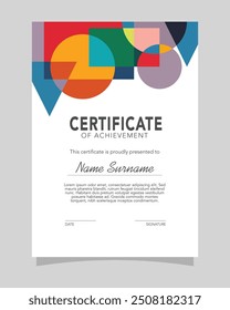 Modern colorful vertical certificate of appreciation and achievement template with geometric style elements.