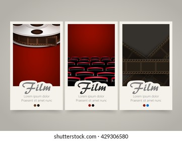 Modern colorful vertical cinema banners. Film, movie flyer or invitations set. Backgrounds with film tape, cinema theater armchairs and tape roll. Decoration for cinema tickets. Vector illustration