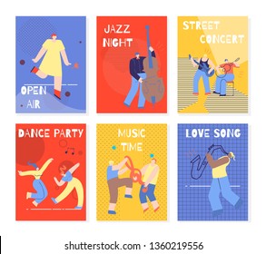 Modern Colorful Vertical Music Party Banners. Open Air Jazz Night Street Concert Dance Party Music Time Love Song Cards. Dance Musical Performance Festival Invitation. Flat Style Vector Illustration