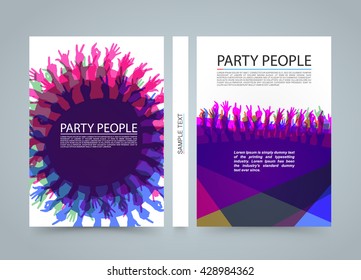 Modern colorful vertical music party banners. Backgrounds with people crowd hands, rock and roll sign, night lights. Dance or musical performance invitation. Vector illustration
