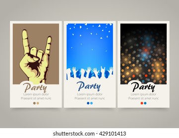 Modern colorful vertical music party banners. Party night flyer set. Backgrounds with people crowd hands, rock and roll sign, night lights. Dance or musical performance invitation. Vector illustration