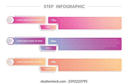 Modern colorful vertical step milestone infographic template banner with fill box and with fill arrow with 3 point list information for slide presentation vector