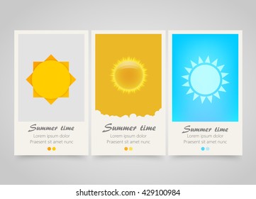 Modern colorful vertical sun banners. Summer flyer set. Bright backgrounds with sun signs. Summer party or travel tickets . Vector illustration