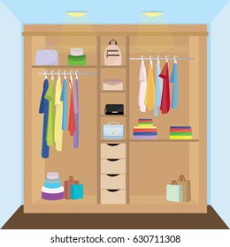 Modern colorful wardrobe interior with clothes. Flat style vector illustration.