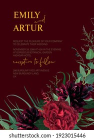 Modern colorful watercolor style wedding invitation editable template design. Burgundy dahlia flowers, elegant red garden Roses, greenery eucalyptus leaves wreath decoration. Vector art illustration
