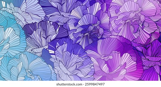 Modern Colorful Wave Flowers, Floral Pattern Sophisticated Line Drawing Wavy Lines Detailed Peonies, Blue And Purple Gradient Colors, Blue, Violet, Purple Abstract Background Vector
