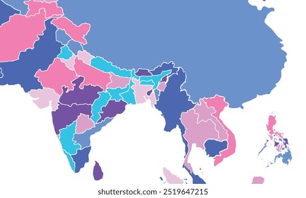 Modern colors detailed blank political map of ASIA with white country border.