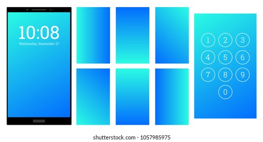 Modern colors gradient screen backgrounds set  Blue   cyan numpad   screensaver kit  Vector wallpaper UI template for smartphone display  Device gadget GUI for app  home lock screen 