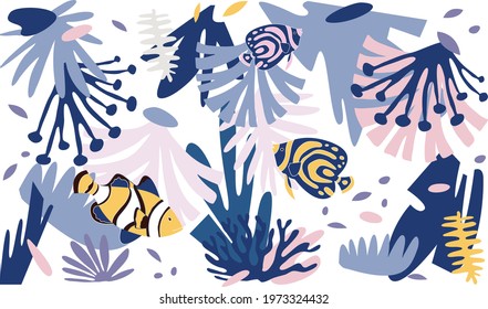 modern colour painting prints for minimalist walls. Fish and coral pattern designs for fabrics. Print cover design illustrations, wedding cards, greeting cards, interiors, posters, and vectors.