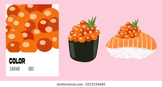 Modern colour palette of orange. Asia sushi color catalog. Tuna, caviar and salmon vector flat poster. Pantone orange food color