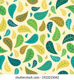 Modern colourful seamless geometric pattern with falling leaves on pale yellow background. Abstract autumn vector for wallpaper, wrapping paper, home decor and fashion fabrics.  