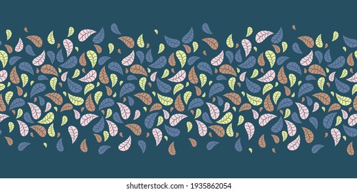 Modern colourful seamless geometric pattern border with falling leaves on rich blue background. Abstract autumn vector for wallpaper, wrapping paper, home decor and fashion fabrics.  