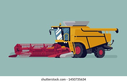 Modern combine harvester with grain crops header. Farming and agriculture heavy machinery equipment vector illustration svg