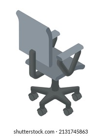 Modern comfortable computer office armchair isometric back view vector illustration. Comfy seat furniture for gaming with portable wheels isolated. 3d classical elegant furnishing for home office