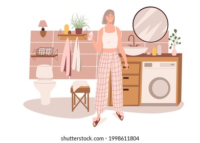 Moderno y confortable interior de concepto web de baño. La mujer hace rutina de belleza en la habitación con lavabo, espejo, inodoro, decoración en casa. Plantilla de escenas de personas. Ilustración vectorial de caracteres en diseño plano