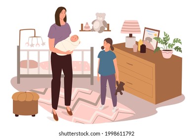 Moderno y cómodo interior de la noción web de dormitorio para niños. Mamá con recién nacida y su hija están en habitación con cuna, juguetes, decoración. Plantilla de escenas de personas. Ilustración vectorial de caracteres en diseño plano