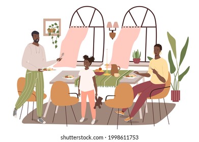 Modern comfortable interior of dining room web concept. Family having dinner sitting at table in room with large windows. People scenes template. Vector illustration of characters in flat design