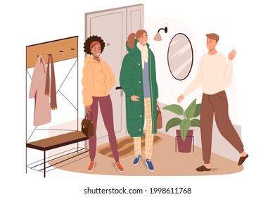 Modern comfortable interior of hallway room web concept. Man invites women to come. Hallway with clothes, furniture and decor. People scenes template. Vector illustration of characters in flat design