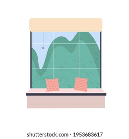 Modern comfortable interior of the house. View from the window to the courtyard. Cartoon flat vector illustration.