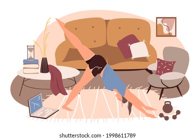 Modern comfortable interior of living room web concept. Woman doing yoga at online lesson in room with sofa, armchairs, decor. People scenes template. Vector illustration of characters in flat design