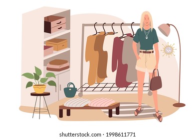 Moderno y confortable interior de concepto web de habitación de armario. Mujer parada en la habitación con ropa de almacenamiento, vestidos con perchas, planta. Plantilla de escenas de personas. Ilustración vectorial de caracteres en diseño plano
