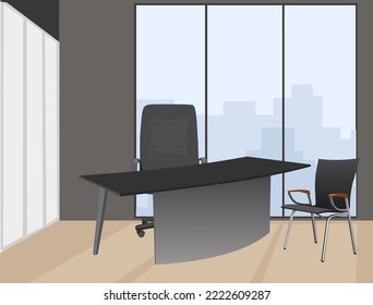 Modern comfortable office with big windows and city scape. Working place with table, armchair, chair, document cabinet. Trendy vector realistic illustration.