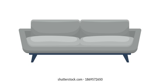 Modern comfortable sofa in classic style. Stylish comfy settee front isolated on white background. Cozy grey couch for lounge room and office interior. Flat vector cartoon illustration