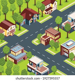 Modern comfortable suburban houses with outside stairs garages in beautiful countryside birds eye isometric view vector illustration