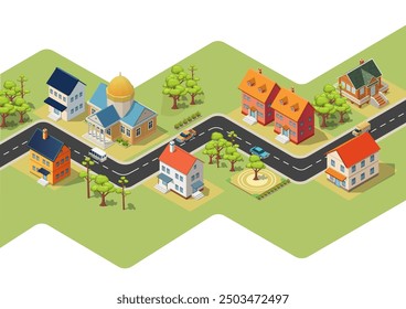 Modern comfortable suburban houses with park in beautiful countryside isometric view for game asset