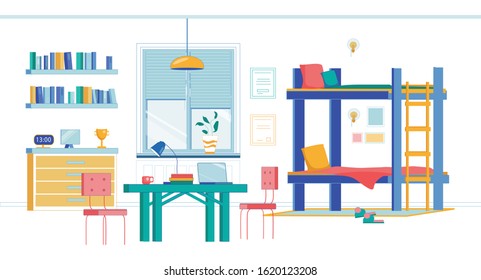 Modern and Comfortable University Hall. Accommodation, Satisfying Students Needs. Spacious Homelike Room for Two with Twin Bunk Bed, Writing Table and Chairs, Shelving for Books, and Big Window.