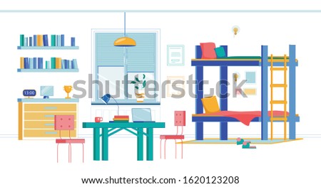 Modern and Comfortable University Hall. Accommodation, Satisfying Students Needs. Spacious Homelike Room for Two with Twin Bunk Bed, Writing Table and Chairs, Shelving for Books, and Big Window.