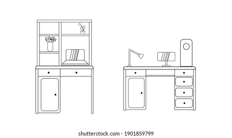 Modern, comfortable workplace. desk with a computer and laptop. Vector line drawing of the office. Set of office furniture in a simple linear style is isolated on a white background.