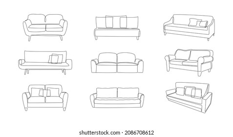 Muebles modernos y confortables y decoración casera de líneas estilizadas a la moda. Colección de sofás y sofás de silueta lineal simple. Ilustración del vector Doodle