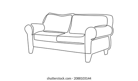 Moderno y cómodo sofá de mobiliario para el interior del hogar en líneas de contorno de diseño de estilo higge. Silueta lineal simple de Couche. Ilustración del vector Doodle