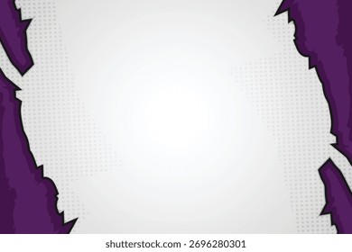 Fundo cômico moderno com borda de papel rasgado roxo e textura de meio-tom