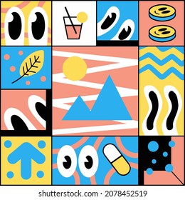 Modern comic cartoon geometric shapes. Square mosaic texture in 80s 90s style. Trendy hipster abstract background with eye for print.