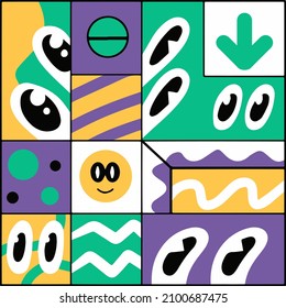 Formas geométricas de historietas modernas. Textura de mosaico cuadrado en estilo años 90. Fondo abstracto moderno hipster con ojo para imprimir.