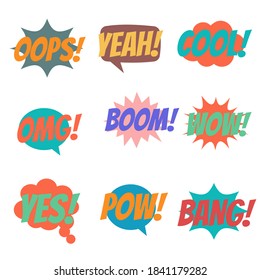 Modern comic colorful speech bubles, banners isolated on white background. Pop art vintage drawing style. Vector illustration. 