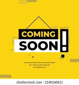 Modern coming soon announcement design vector isolated on yellow background. 