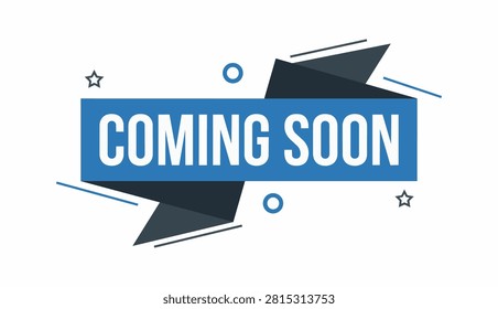 Modern coming soon banner design with a bold blue ribbon, dark folded edges, geometric stars and lines, ideal for promotions, launches, and website teasers.