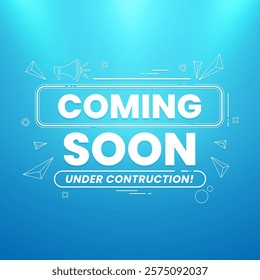 Modern coming soon design featuring megaphone with spotlight and lighting effects isolated on abstract background