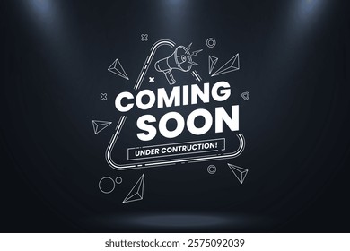 Modern coming soon design featuring megaphone with spotlight and lighting effects isolated on abstract background