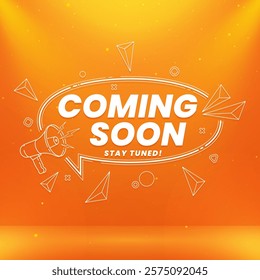 Modern coming soon design featuring megaphone with spotlight and lighting effects isolated on abstract background