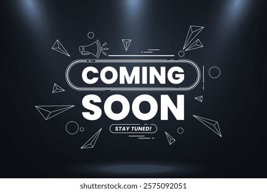 Modern coming soon design featuring megaphone with spotlight and lighting effects isolated on abstract background