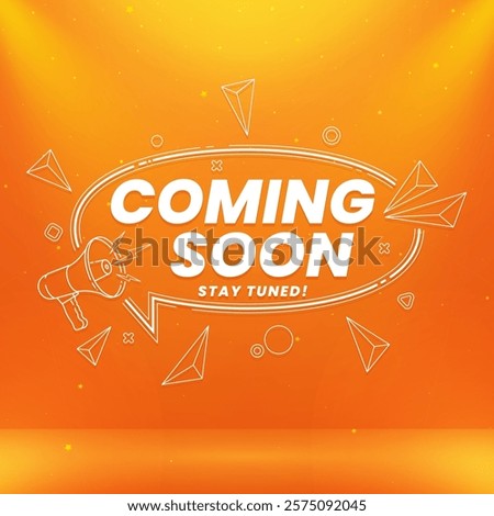Modern coming soon design featuring megaphone with spotlight and lighting effects isolated on abstract background