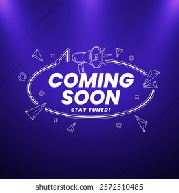 Modern coming soon design with megaphone and focus light effects on abstract background