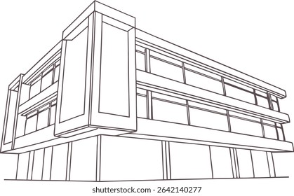 Modern commercial building outline in minimalist line art style. Clean architectural drawing of office or retail structure ideal for design, blueprint, or urban concept illustrations.