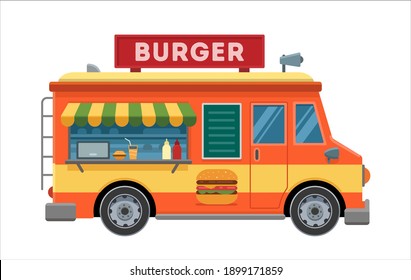 Modern commercial food van for making and selling burgers. Vector flat illustration